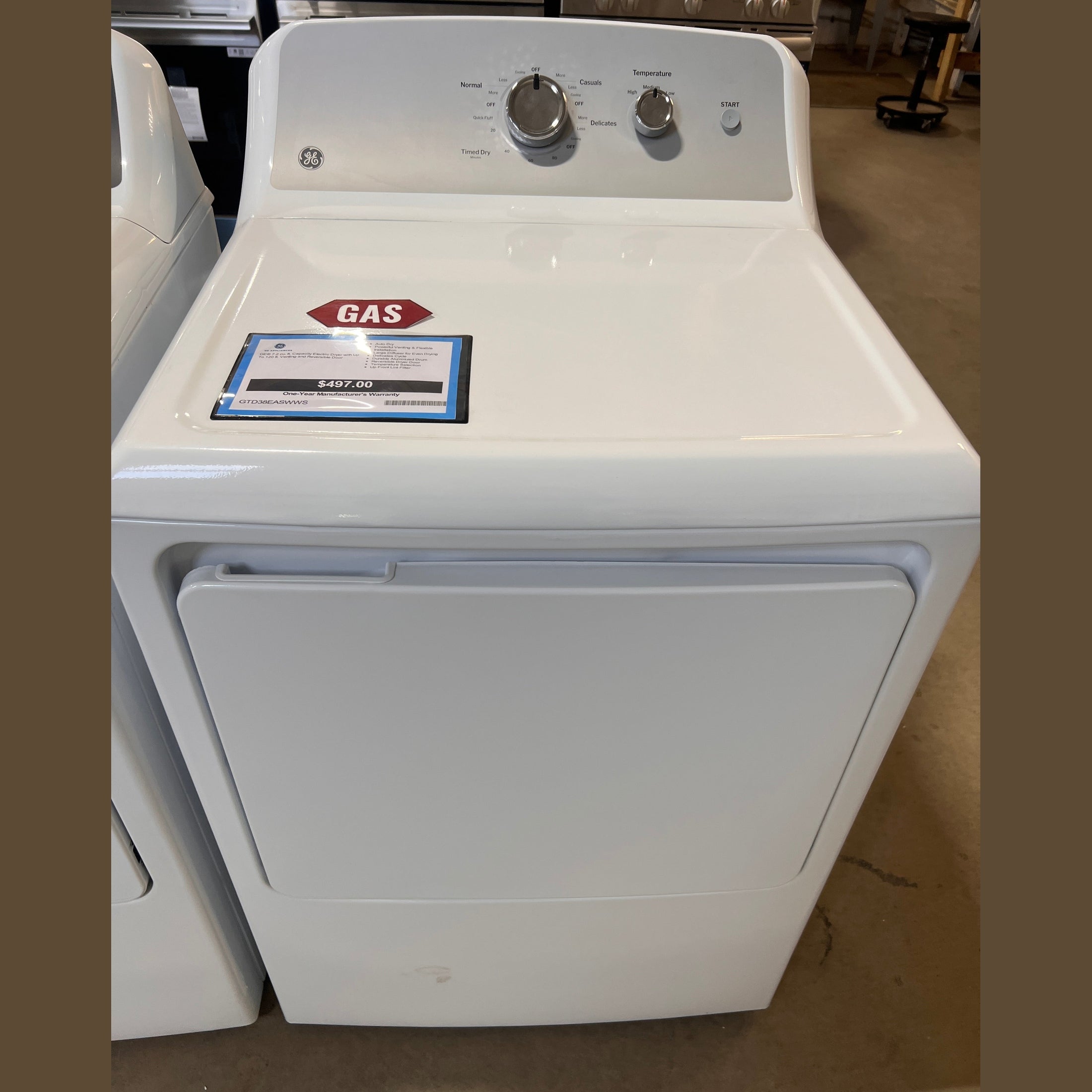 GE® 7.2 cu. ft. Capacity Electric Dryer with Up To 120 ft. Venting and Reversible Door - GTD38EASWWS
