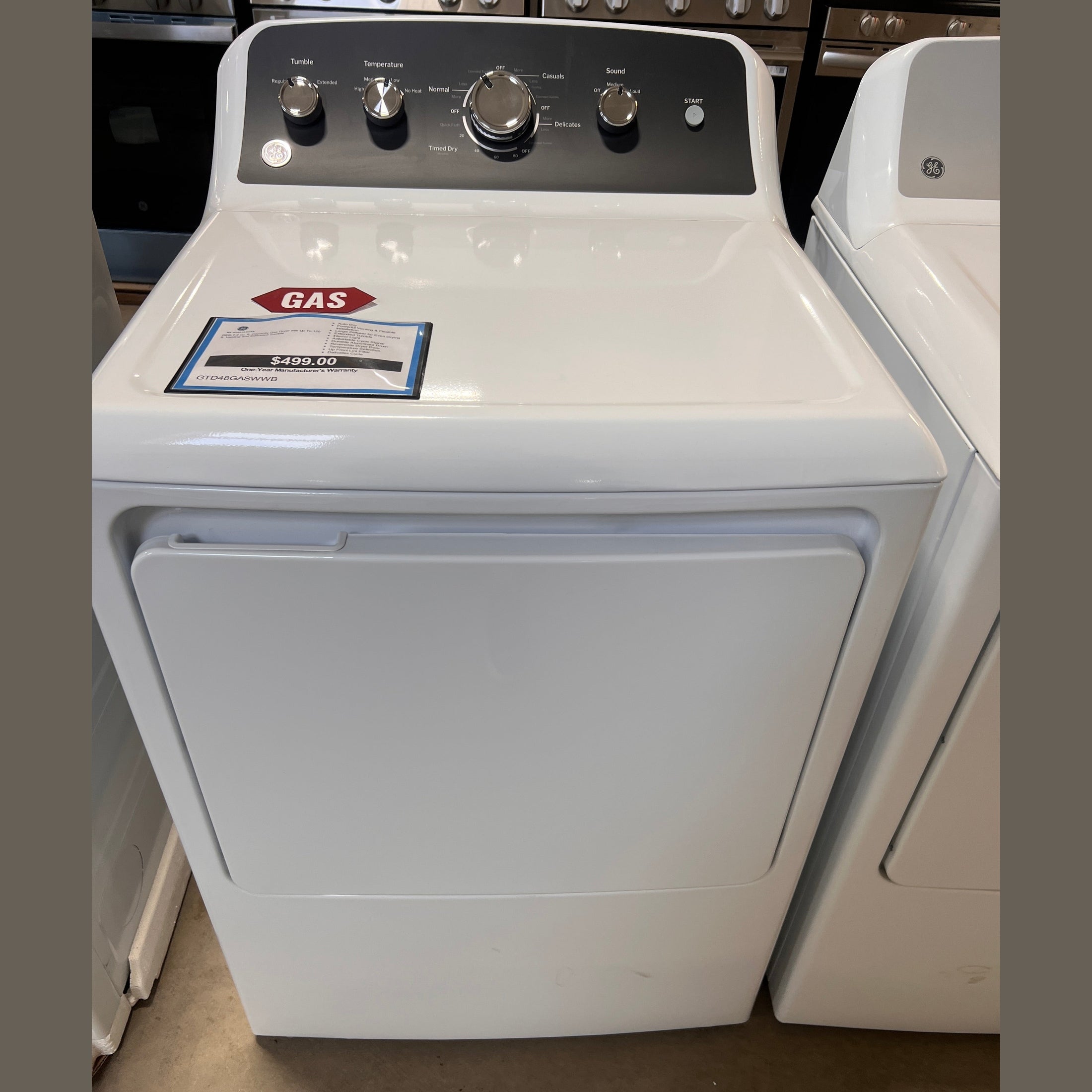 GE® 7.2 cu. ft. Capacity Gas Dryer with Up To 120 ft. Venting and Extended Tumble - GTD48GASWWB