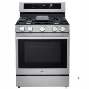 Stainless steel gas range with digital display on a white background