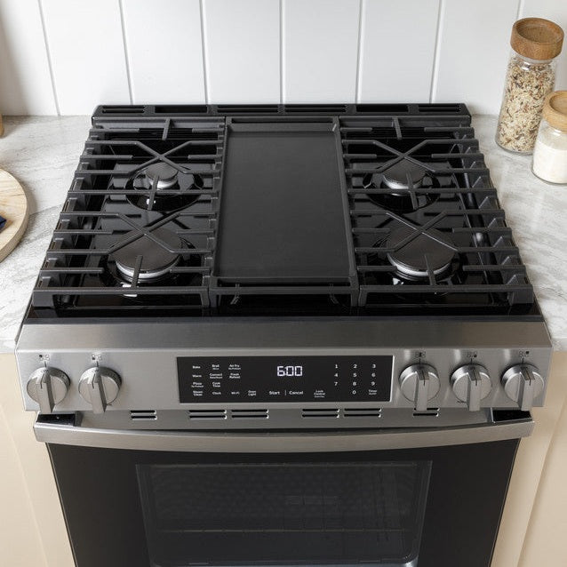 GE® 30" Slide-In Front-Control Convection Gas Range with No Preheat Air Fry and EasyWash™ Oven Tray - GGS600AVFS