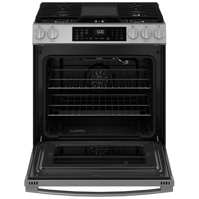 GE® 30" Slide-In Front-Control Convection Gas Range with No Preheat Air Fry and EasyWash™ Oven Tray - GGS600AVFS