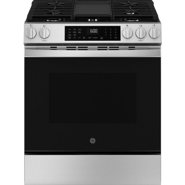 GE® 30" Slide-In Front-Control Convection Gas Range with No Preheat Air Fry and EasyWash™ Oven Tray - GGS600AVFS