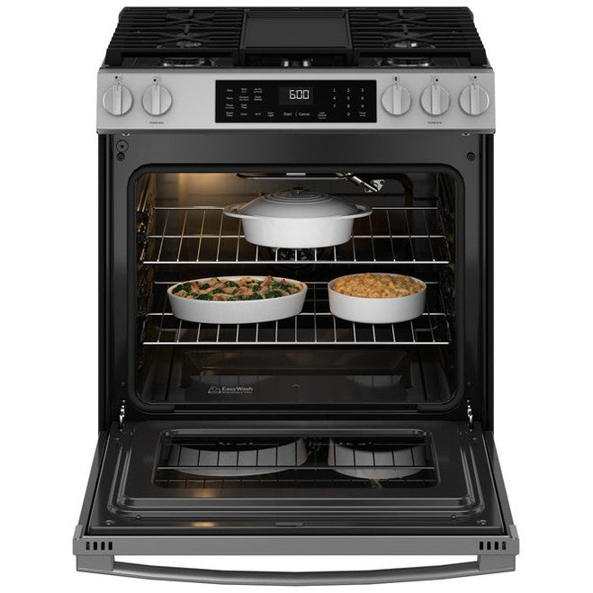 GE® 30" Slide-In Front-Control Convection Gas Range with No Preheat Air Fry and EasyWash™ Oven Tray - GGS600AVFS